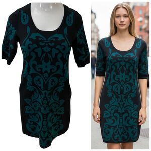 Pink Rose Sweater Dress Womens Large Green Black Damask Tunic Knit Work Office